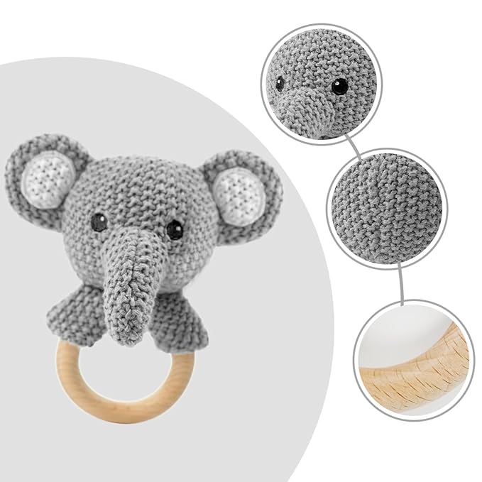 Baby Toys Stuffed Animals Handbell,Elephant Rattle Toy Wooden Rattle Toys for Baby,Knit Stuffed Animal Cute Rattle with Teether Ring Newborn Birthday Gifts（Elephant）
