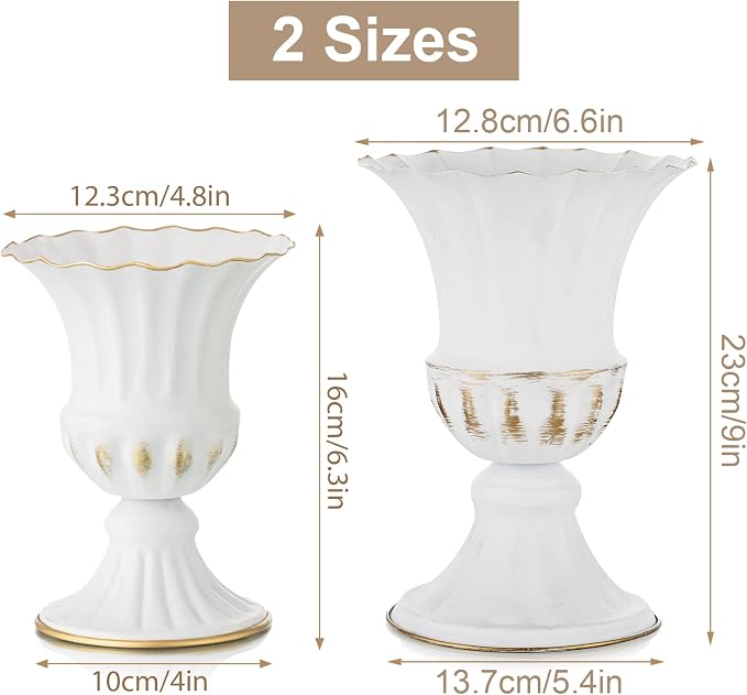 Sziqiqi White Metal Vase for Centerpiece, Table Flower Arrangements, 10Pcs | 9in Tall Compote Vase, Trumpet Urn Vase for Decoration, Planter Pot for Artificial Flower, For Reception, Home, Party Decor