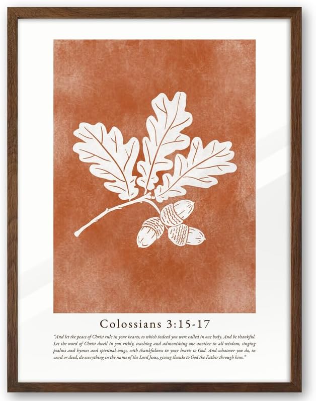 EcoHest 12x16 in Colossians Scripture Fall Botanical Christian Wall Art | Walnut Color Solid Oak Frame， Canvas Wall Art, Burnt Orange Bible Verse Decor for Bedroom, Living Room, Office, Church, 1Pack