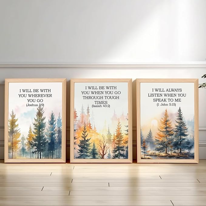 Forest Bible Verse Wall Art Painting Vintage Scripture Christian Landscape Wall Decor, Spiritual Jesus Nature Forest Quote Poster Canvas Prints, for Living Prayer Room Bedroom 16x24 inch Framed