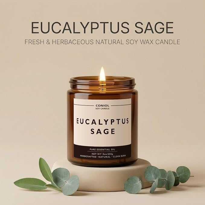Eucalyptus Sage Scented Candles for Home, Natural Soy Wax Candle with Essential Oils, 9oz Amber Jar Aromatherapy Candel, 50H Long & Non-Toxic Burning, Hand Poured, Giftable, Relaxation, Spa
