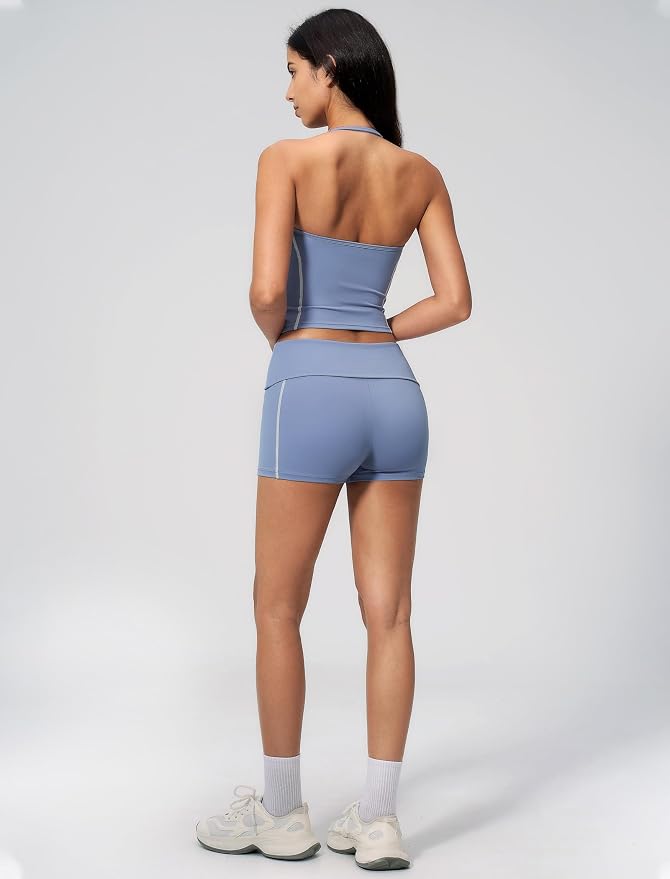 QBGJTD Women 2 Piece Workout Set Color Block Open Back Halter Top and High Waist Booty Lifting Shorts Yoga Outfit
