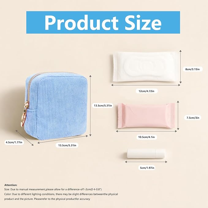 Period Bag for Girls, Corduroy Period Kit with Sanitary Pad Pouch, Menstrual Storage Bag and Tampon Holder for Purse, Girls School Essentials,Feminine Care Organizer(Bule)