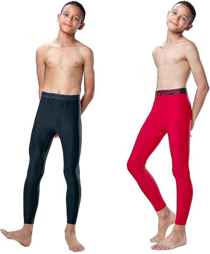 DEVOPS 2 Pack Youth & Boys Thermal Compression Baselayer Sport Tights Fleece Lined Pants & Long Sleeve Top