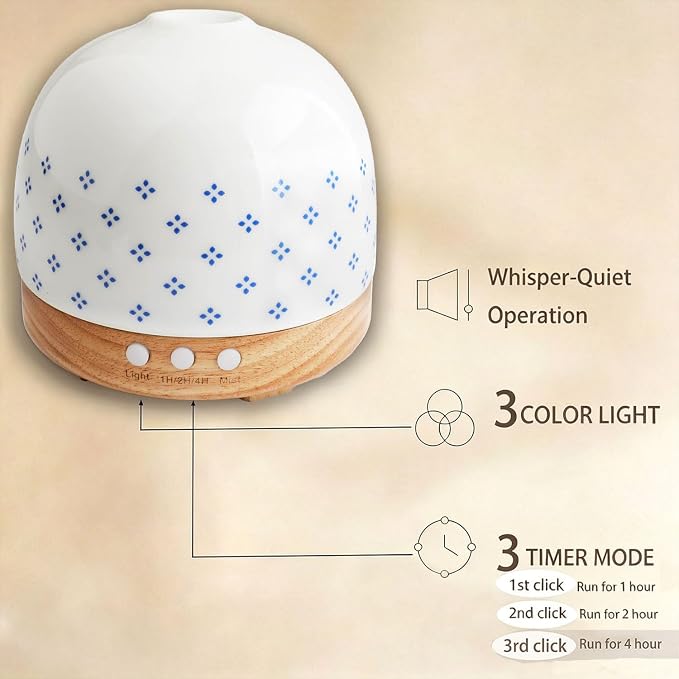 Essential Ceramic Diffuser Round Aroma Luruxy Porcelain Diffuser Luxury 300ml Night Light Captivating Exquisite Blue and White Patterned Elegance Nano Water Mist Humidifier