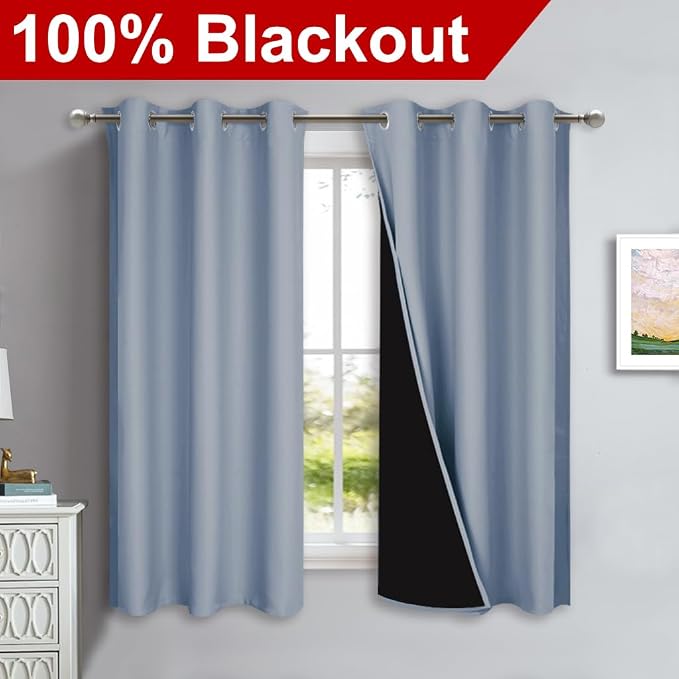 NICETOWN 100% Blackout Short Curtains with Black Liners, 2 Panels, 37" W by 50" L, Vintage Blue, Solid Thermal Insulated Full Blackout 2-Layer Lined Drapes, Energy Efficiency Window Drapes for Bedroom