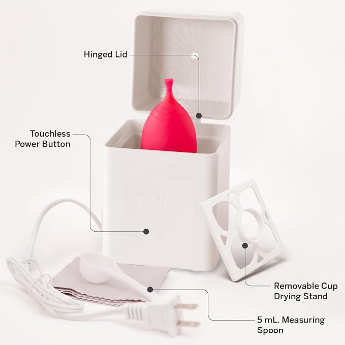 Pixie Menstrual Cup Steam Cleaner - Wash Your Cup + Kill 99.9% of Germs with Cleanser Steam for Feminine Care - 3 Minutes and Your Period Cup is Sterile! Automatic Shut Off - FSA Eligible (White)