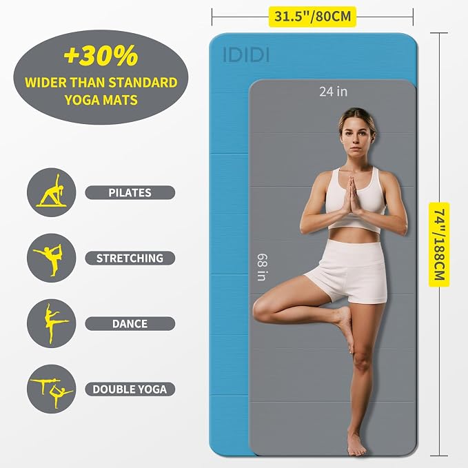 Foldable Extra Large Yoga Mat 74"×31.5", 8mm Double-Sided Non Slip Lightweight Fitness Mat for Man & Woman, Portable for Home Studio & Travel