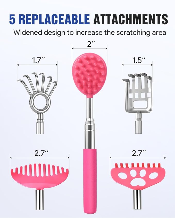 Gelibo Telescoping Back Scratcher with 5Pcs Detachable Heads, Extendable Back Massager Tool, Fathers Day Dad Gifts from Wife Daughter Son, Mens Gifts, Husband, with Beautiful Box - Pink