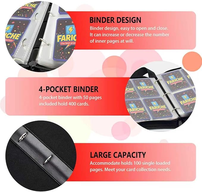 Trading Card Binder for TCG Cards, 4-Pocket Portable Card Collector Ablum Holder Book Fits 400 Cards with 50 Removable Sleeve, Waterproof Card Binder Display Storage Carrying Cases for TCG-Storm