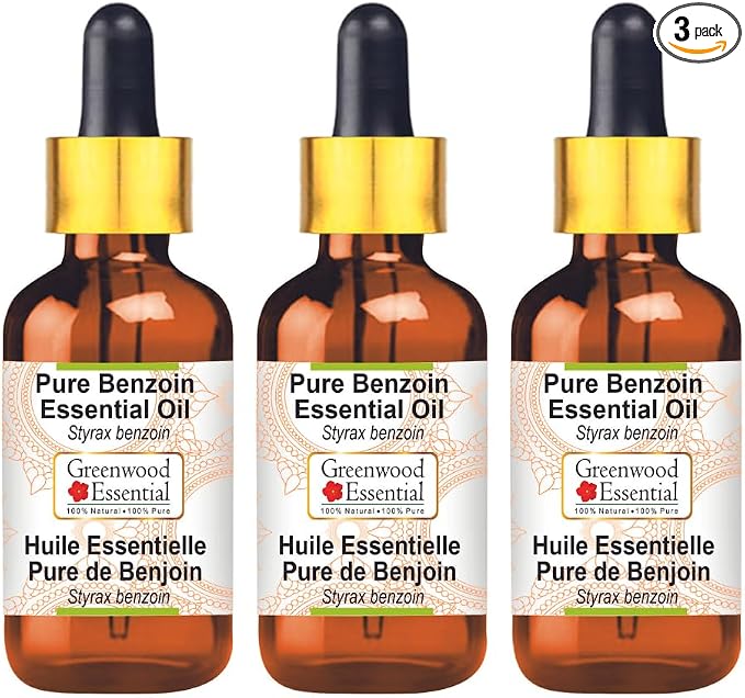 Greenwood Essential Pure Benzoin Essential Oil (Styrax Benzoin) with Glass Dropper Steam Distilled (Pack of Three) 100ml X 3 (10.1oz)