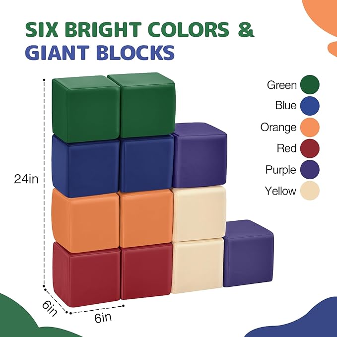 Foam Building Blocks for Kids: 12-Pieces PU Leather Colorful Foam Blocks - Building Toys for Toddler - Giant Stacking Blocks Toys - Soft Indoor Playset for Birthday Gift Preschool Learning (Classic)