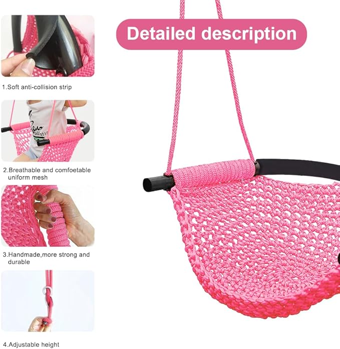 Hand-Knitting Toddler Swing, Swing Seat for Kids with Adjustable Ropes, Little tikes Swings Set, for Outdoor Indoor, Playground, Backyard (Pink)