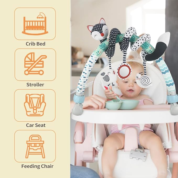 Caterbee Baby Stroller Arch Toys, Black and White Hanging Toy Activity Set, Stretch & Spiral Adjustable Clamp for Cribs & Car Seats, Includes Rattles, Squeaker & Teether for Newborns and Infants (02)