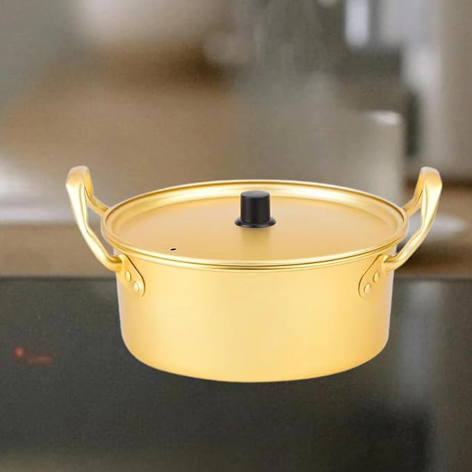 Korean Ramen Pot, 20cm Gold Aluminum, No Lid, Ideal for Ramen, Instant Noodles, Porridge, Soup, Griddle, Salad, Stew, Home, Kitchen, Travel, Camping, Outdoors, Picnic, Backyard Party