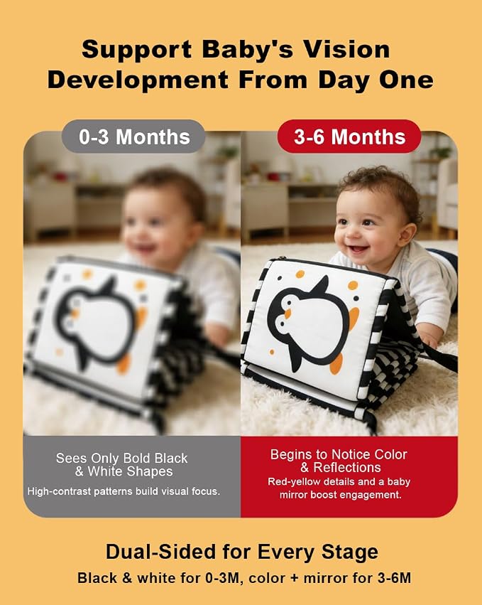 Aila+Aiden Baby Toys, Tummy Time High Contrast Newborn Toys 0-3 Months, Soft Cloth Foldable Baby Book, Visual Stimulation Montessori Sensory Infant Baby Book (Black White and Colorful)