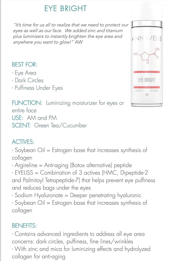 Eye Bright Cream - Anti Aging Eye Cream w/Collagen Peptides & Hyaluronic Acid for Dark Circles, Firms Fine Lines. 4oz