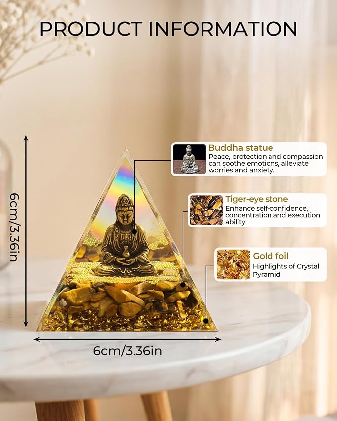 Orgone Pyramid with Healing Crystals - (Buddha, Golden) - Energy Generator for Positive Vibe, Stress Relief & Chakra Reiki Meditation - Pyramid Decor - Spiritual Gift for Success, Wealth & Prosperity
