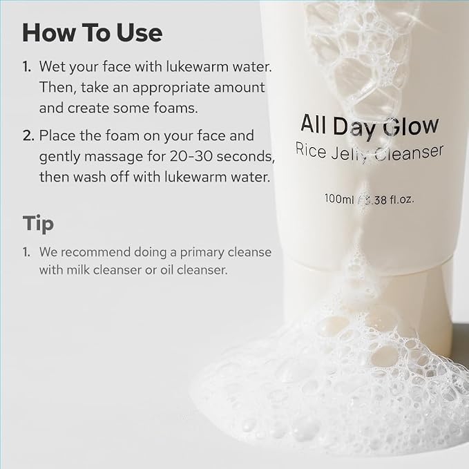 De:maf All Day Glow Rice Jelly Cleanser, Low pH, Sensitive Skin, 3.38 fl oz | Korean Skincare Rice Face Wash with Centella Green Tea for Sensitive Skin, Hydrating, Soothing, SLS-Free, Fragrance-Free