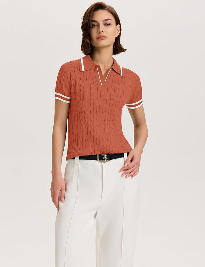 Micoson Womens Short Sleeve Sweater Tops Lapel V Neck Polo Shirts 2026 | Summer Cable Knit Loose Blouses, Business Casual Outfits