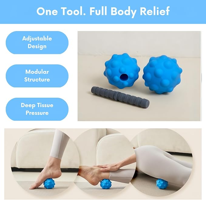Adjustable Peanut Massage Ball, Dual Textured Massage Roller with Customizable 5-8 Inch Width for Back, Neck, Legs, Calves and Hamstrings, Lightweight TPE Self-Massage Tool, Blue