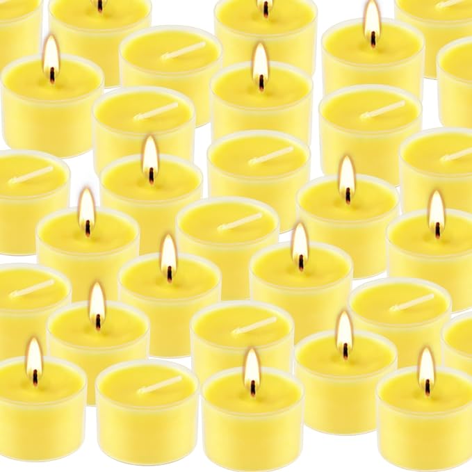 50 Pack Clear Tea Lights Candles Bulk, Summer Citronella Candle Outdoor and Indoor, for Birthday Emergency Home Garden(8 Hour, Yellow)