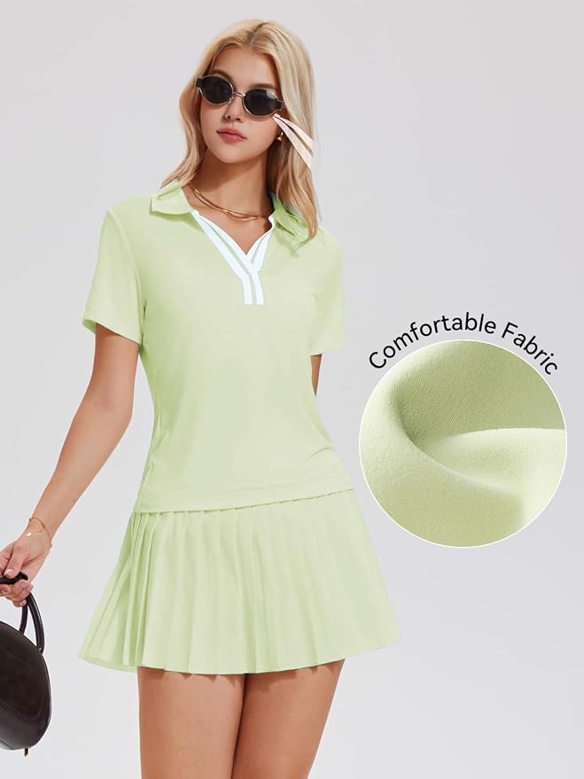 Tennis Skirt Set for Women Color Block V Neck Golf Pickleball Outfits Pleated Athletic Two Piece Skirts Sets