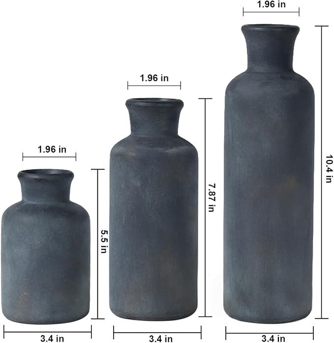 Black Ceramic Vase Set of 3, Vintage Brushed Gold Effect for Home Decor | Matte rustic flower vases for living rooms, dining tables, mantels and centerpieces