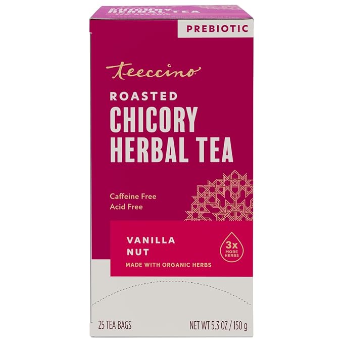 Teeccino Vanilla Nut Herbal Tea, 25 Tea Bags - Rich & Roasted Herbal Tea That’s Caffeine Free & Prebiotic for Natural Energy, 3X more Herbs, Acid Free, Great Hot or Iced