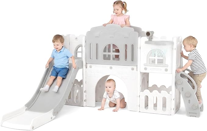 OLAKIDS Toddler Slide, Kids Indoor Outdoor Playground with Climber Basketball Hoop Telescope Tunnel Corridor Toy Storage Steering Wheel for Boys Girls Aged 1+ (Gray, 70'')