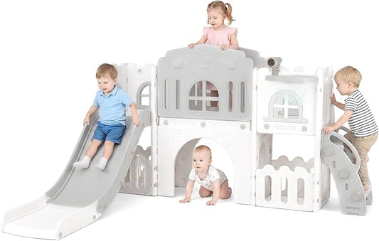 OLAKIDS Toddler Slide, Kids Indoor Outdoor Playground with Climber Basketball Hoop Telescope Tunnel Corridor Toy Storage Steering Wheel for Boys Girls Aged 1+ (Gray, 70'')