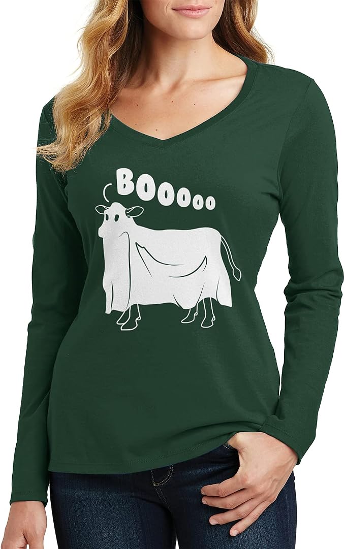 Threadrock Women's Cow Ghost Saying Moo Long Sleeve V-Neck T-Shirt