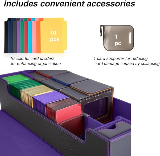 Venssu MTG Deck Box Holds 5 Display Card Deck Boxes with Playmat and Dice Box,Includes 10 colorful dividers and 1 card supporter, Trading Card Storage Box For Magic Game Cards（Black and Purple）