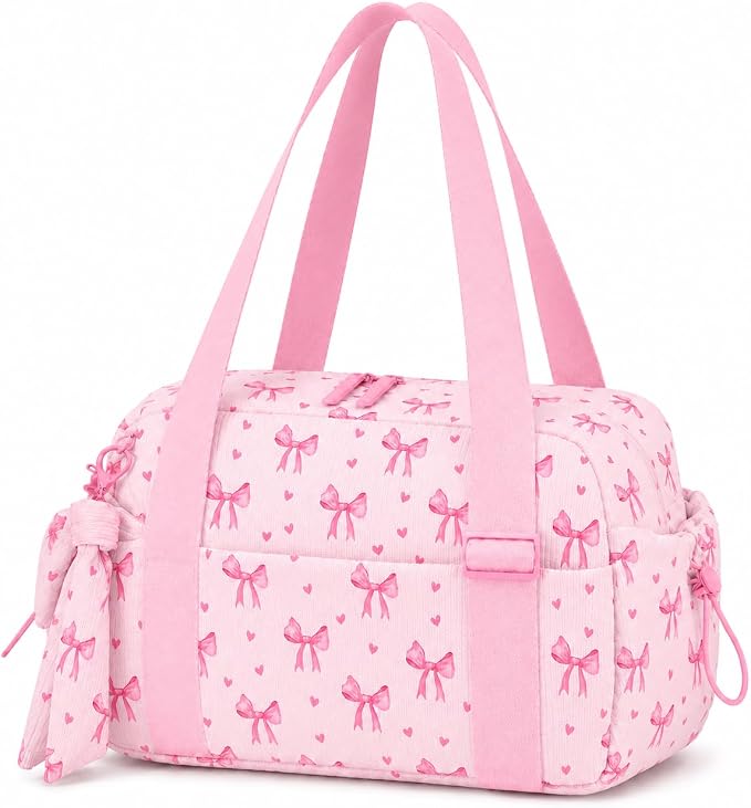 LOIDOU Aesthetic Dance Bag for Girls Corduroy Lightweight Bow Ballet Gymnastic Bag, Small Gym Bag for Women with Wet Dry Pocket, Cute Tote Bag Gifts for Birthday Christmas