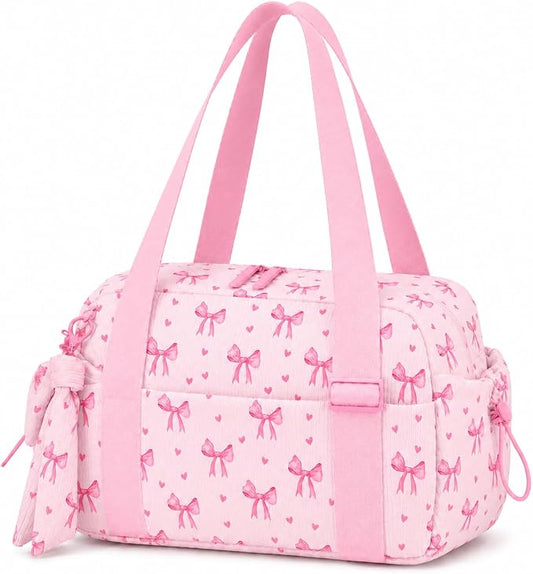 LOIDOU Aesthetic Dance Bag for Girls Corduroy Lightweight Bow Ballet Gymnastic Bag, Small Gym Bag for Women with Wet Dry Pocket, Cute Tote Bag Gifts for Birthday Christmas