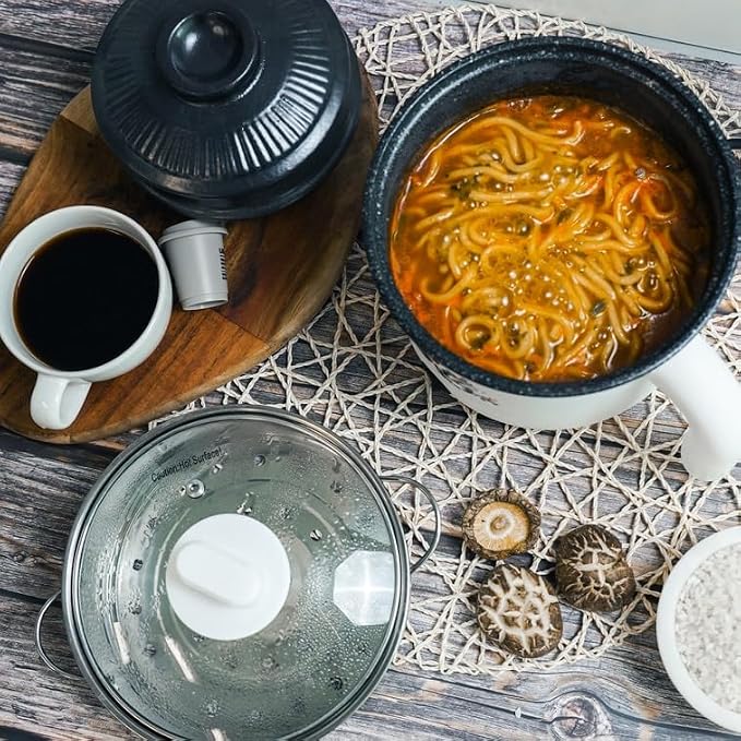 VEGAS Electric Hot Pot with Stainless Steel Steamer, 1.7L Mini Portable Ramen Noodle Cooker, Nonstick Electric Cooking Pot with Glass Lid for Dorm Travel Office - Steam & Boil, 7 Inch, Color Random