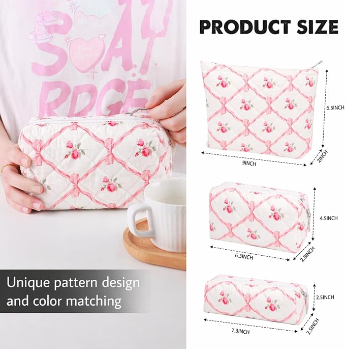 3 Pcs Makeup Bag Cosmetic Bag Set for Girls Women Travel Organizer Bathroom Toiletry Pouch Large Capacity Storage Bag（Pink Ribbon）