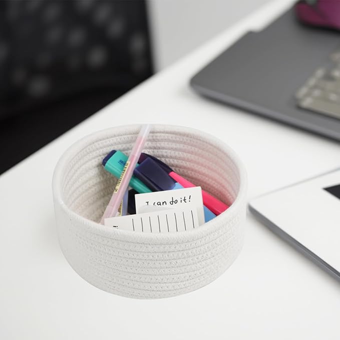 3 Pack Small Woven Cotton Rope Baskets for Organizing, White | Cute Mini Round Basket, Small Storage Baskets for Gift Empty, Decorative Boho Toy Baskets Bins for Nursery, Bathroom, Decor