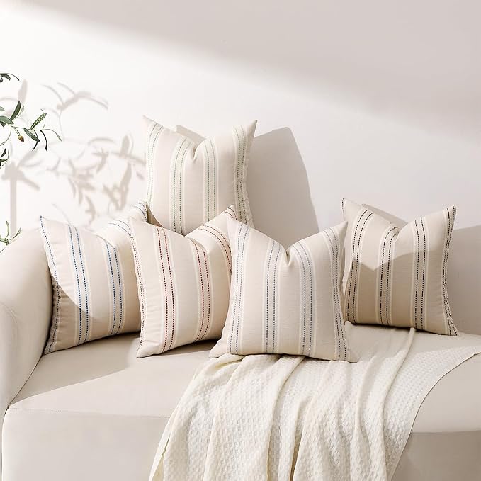 Hckot Stripe Throw Pillow Covers 24x24 Set of 2 Light Green Pillow Covers | Large Farmhouse Decorative Pillows Textured Linen Square Cushion Covers for Sofa Couch Bed Living Room Decor