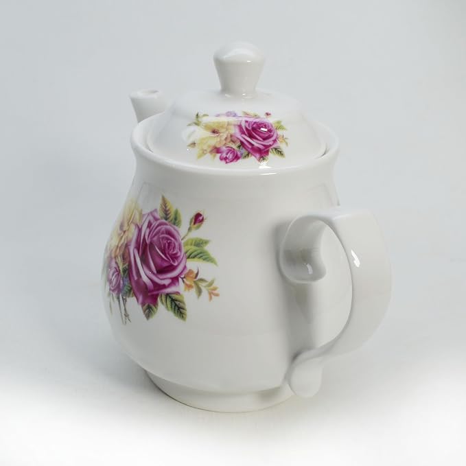 Porcelain Teapot, Ceramic White Teapot With Floral Coffee Tea Water Pot Vintage Ceramic Kettle (28oz)