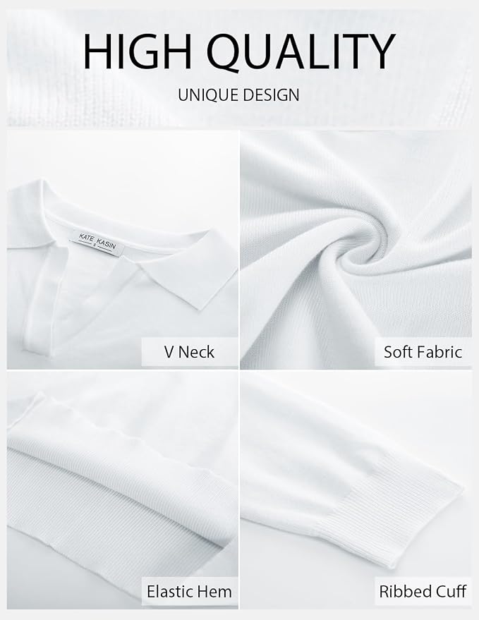 Women's Long Sleeve Classic V Neck Casual Fall Winter Polo Sweater Tops | Basic Collared Knitted Fashion Work Business Formal Daily Wear Versatile Pullover Shirts