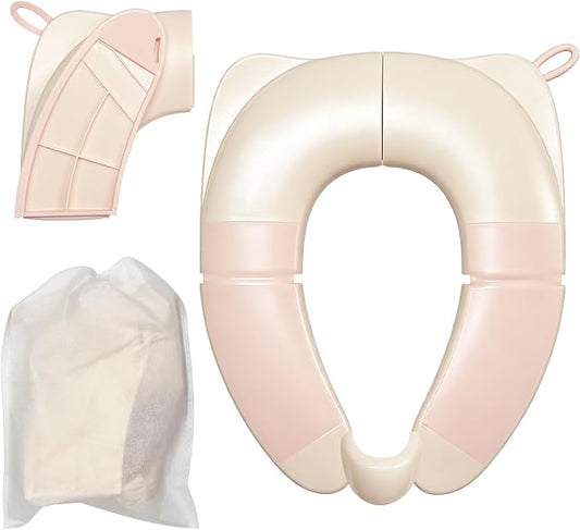 Kids Foldable Toilet Seat with Storage Bag - Training Urine Anti-Slip Toilet Seat Cover with Splash Guard for Children Toddlers, Portable & Travel-Friendly Easy Clean Universal Fit-Pink