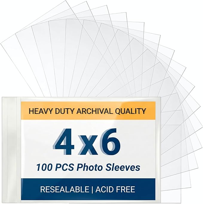 4x6 Archival Photo Sleeves, 2.7 Mil Extra Thick, Heavy Duty Self-Adhesive Protectors for Recipe Cards & Photos, Crystal Clear Dust & Bend Protection, Acid-Free Storage, 100 Count
