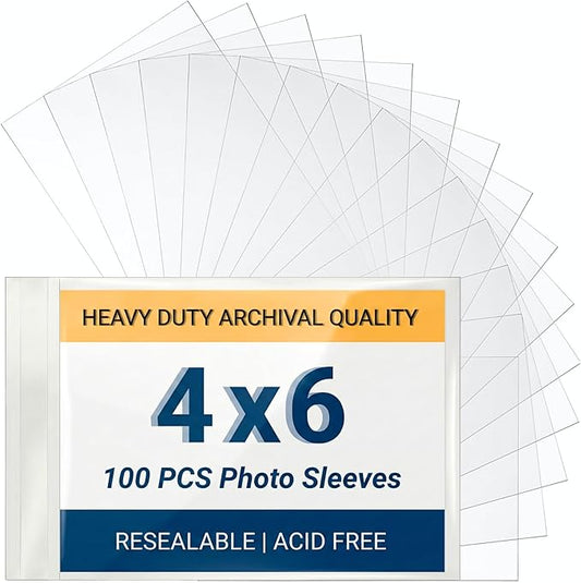 4x6 Archival Photo Sleeves, 2.7 Mil Extra Thick, Heavy Duty Self-Adhesive Protectors for Recipe Cards & Photos, Crystal Clear Dust & Bend Protection, Acid-Free Storage, 100 Count