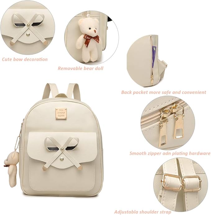 MACCINELO Cute Leather Mini Backpack Purse for Women Bowknot Small Backpack for Girls gift Rucksack Ladies Shoulder Bag 3pcs
