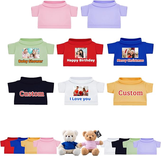 8 Pcs Custom Teddy Bear Clothes with Name Photo, Personalized Stuffed Animal Clothing Fit 8-16inch Stuffed Bear Clothing, Personalized Clothes for Teddy Bears Make Your Own Plush Doll Shirt