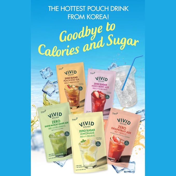 VIVID KITCHEN Peach Iced Tea Pouch Drinks – Zero Sugar, Zero Calories | Korean Convenience Store Drink | No Artificial Preservatives or Corn Syrup | 6.4 fl oz (10 Pouches) (10 Pouch, Peach Iced Tea)