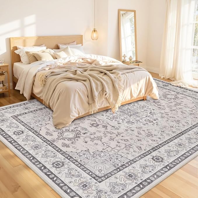 Area Rugs 9x12 Living Room: Vintage Boho Neutral Washable Rug Indoor Soft Large Area Rug Carpet for Bedroom Nursery Farmhouse Dining Room Office Floor Non-Slip Low Pile Under Table Beige & Grey