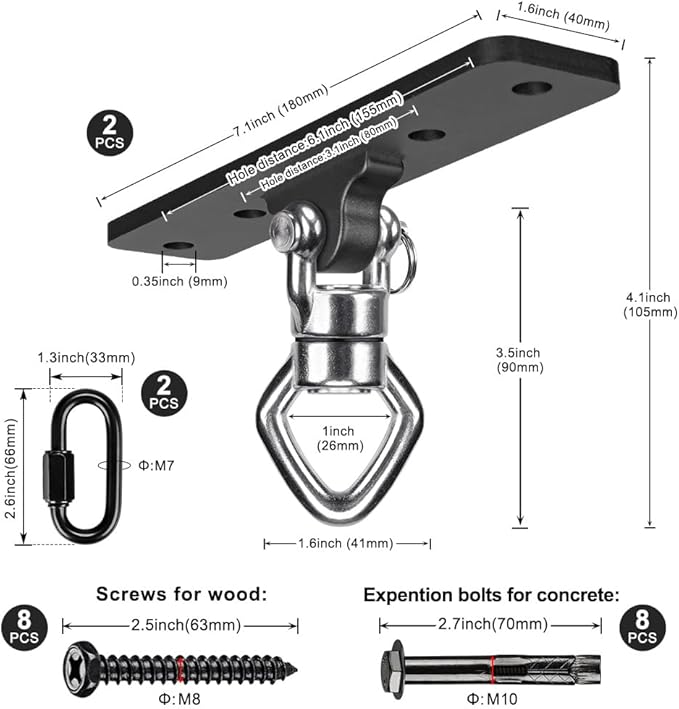 2Pack Ceiling Mount Swing Hanger with Bearing 900 LB Capacity Heavy Bag Hanger 360° Swivel Hook Hanging Chair Mount Stainless Steel Swing Hardware for Aerial Silks, Punching Bag, Hammock, Porch Swings