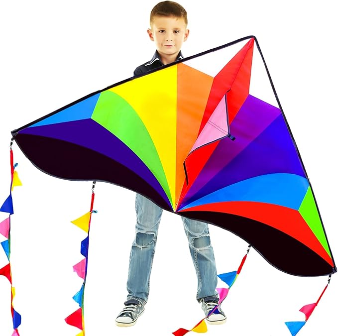 Delta Kite for Kids & Adults - Easy to Fly Large Single Line Beach Kite with 300ft String Handle Included, Perfect for Beginners, Teens